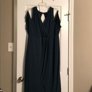 Green cold shoulder evening gown
